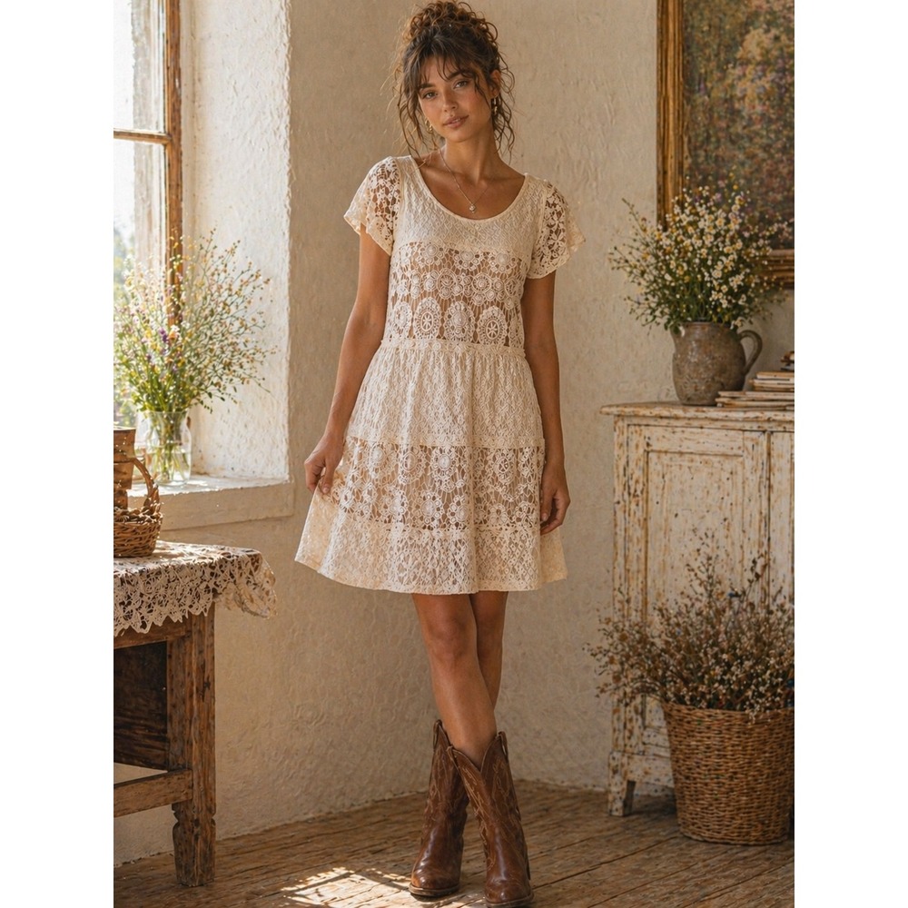 Target Women Cream Floral Crochet Lace Short Sleeve Shift Mini Dress Ivory L